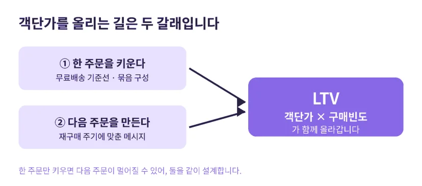 객단가를 올리는 두 갈래인 한 주문을 키우는 기준선과 묶음 구성, 다음 주문을 만드는 재구매 메시지가 LTV로 이어지는 도식