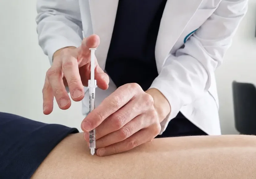 환자의 허리 부위에 주사 치료를 시행하는 의료진