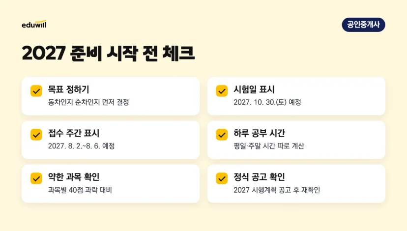 2027 공인중개사 준비 시작 전 체크리스트: 목표 결정, 시험일·접수 주간 표시, 공부 시간, 과락 과목, 정식 공고 확인