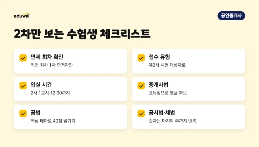 공인중개사 1차 면제자가 2차만 볼 때 확인할 면제 회차, 접수 유형, 입실 시간, 과목별 전략 체크리스트