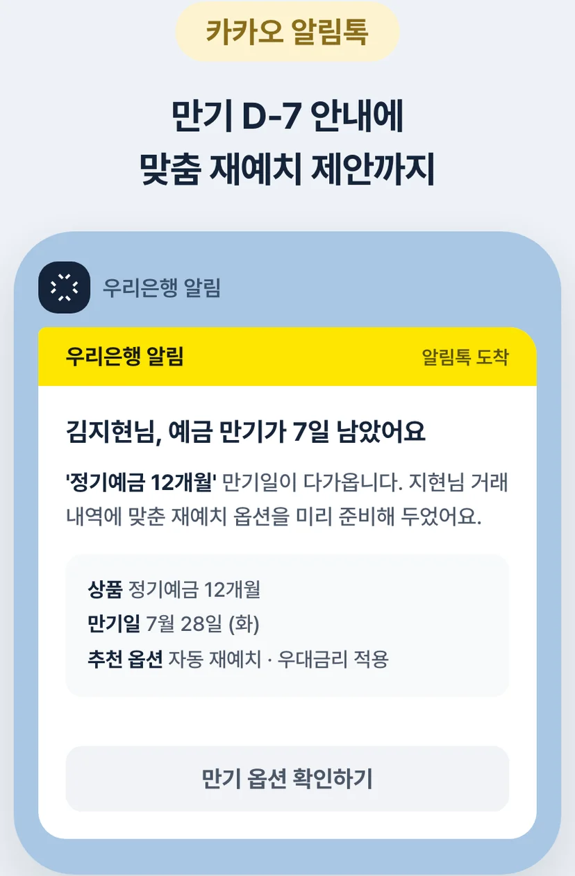 금융 CRM 만기 안내 알림톡 예시 — 예금 만기 7일 전 맞춤 재예치 옵션을 담은 카카오 알림톡 수신 화면
