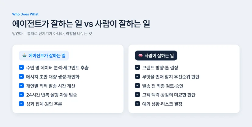 AI 에이전트가 잘하는 마케팅 업무(데이터 분석·세그먼트 추출·메시지 초안·발송 시간 계산·성과 집계)와 사람이 잘하는 업무(브랜드 톤 결정·우선순위·최종 승인·리스크 판단) 비교