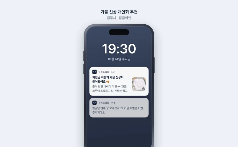 가을 신상 개인화 추천 앱푸시 수신 화면 예시 — 고객 취향 기반 상품 사진과 함께 잠금화면에 도착한 추천 메시지