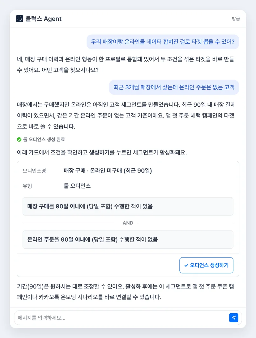 블럭스 에이전트로 옴니채널 오디언스를 만드는 화면 — 최근 3개월 매장 구매 고객 중 온라인 미구매 고객을 문장 한 줄로 추출