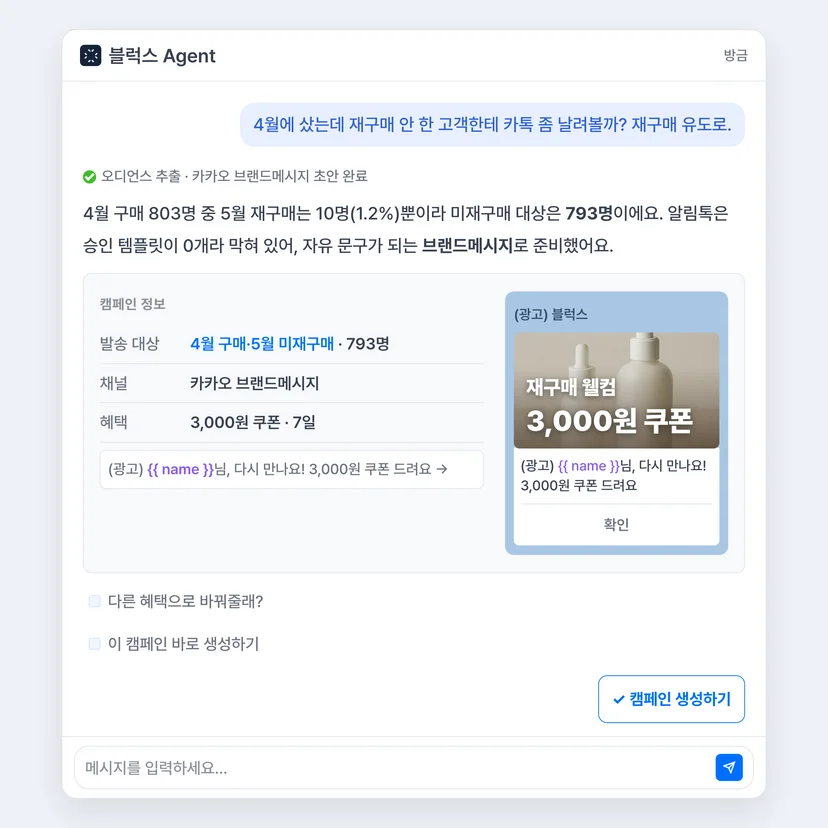 스킨케어 브랜드 카카오 브랜드메시지 캠페인 초안 에이전트 대화 화면 - 재구매 유도 쿠폰 메시지 미리보기