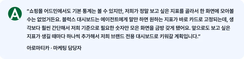 에이전트에게 말만 하면 원하는 지표가 바로 카드로 고정돼요 — 아로마티카 마케팅 담당자 후기