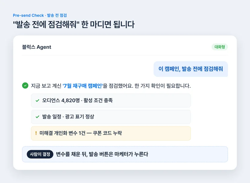 블럭스 에이전트 발송 전 점검 대화 — 오디언스·발송 일정·개인화 변수 자동 점검 후 마케터가 발송 결정