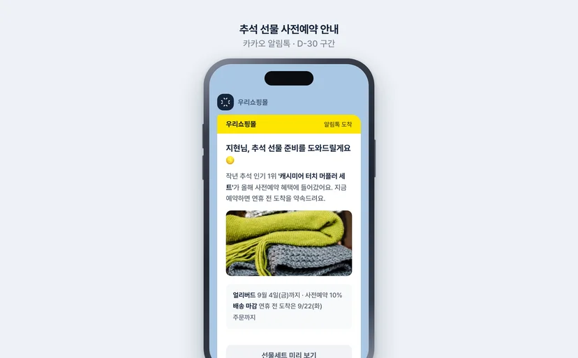 추석 선물 사전예약 알림톡 수신 화면 예시 — 상품 이미지와 얼리버드, 배송 마감 정보가 담긴 카카오 알림톡