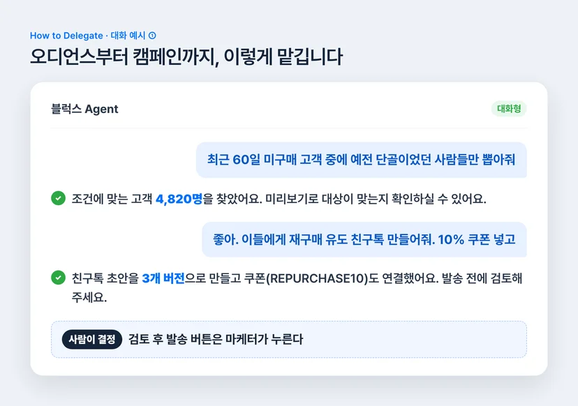 블럭스 AI 에이전트 대화 예시 — 60일 미구매 단골 오디언스 추출 후 재구매 친구톡 캠페인 초안 생성, 발송은 마케터가 결정