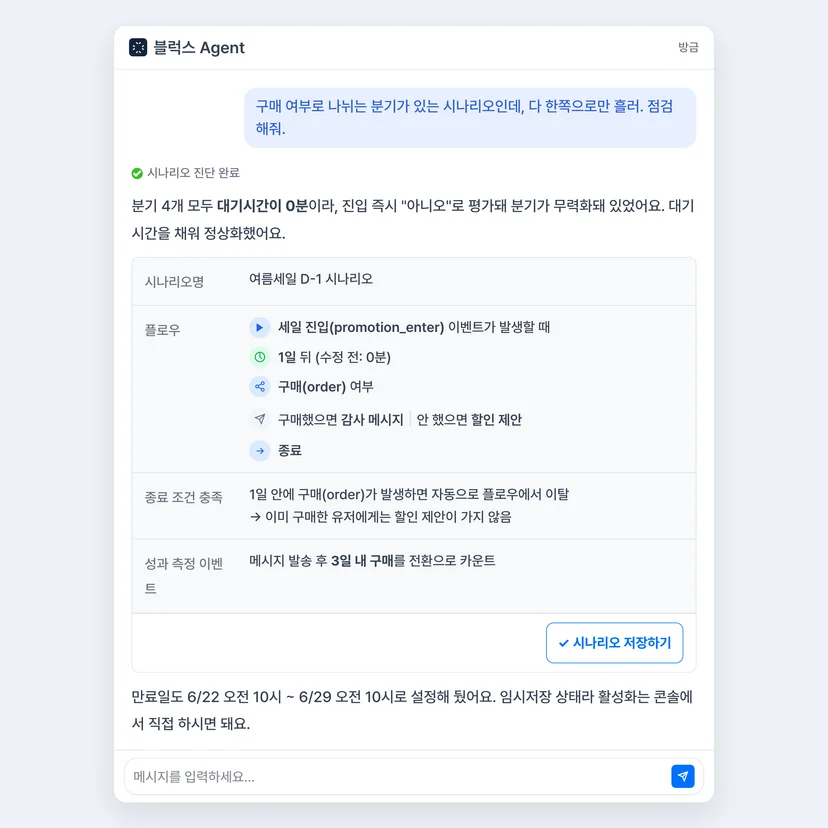 패션 플랫폼 시나리오 분기 버그 디버깅 에이전트 대화 화면 - 대기시간 0분으로 무력화된 분기 진단