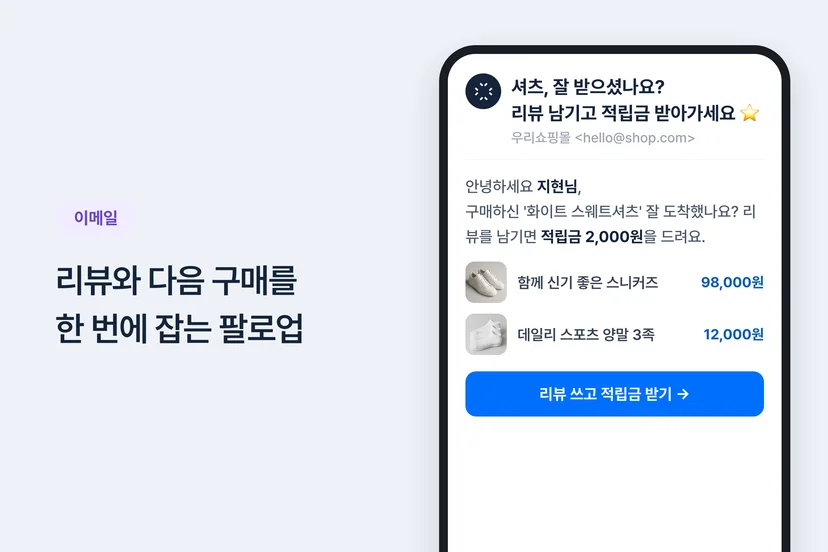 구매 후 리뷰 요청과 교차판매를 담은 이메일 예시