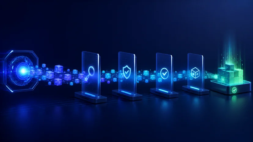 AI 코딩 결과가 검토와 테스트를 거쳐 배포되는 개발 흐름 개념도