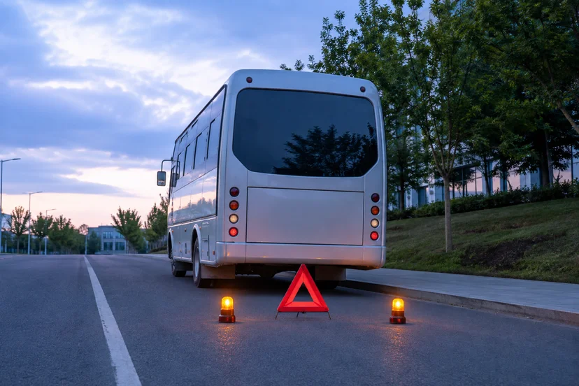 hazard triangle and warning lights placed behind a stopped commuter shuttle bus