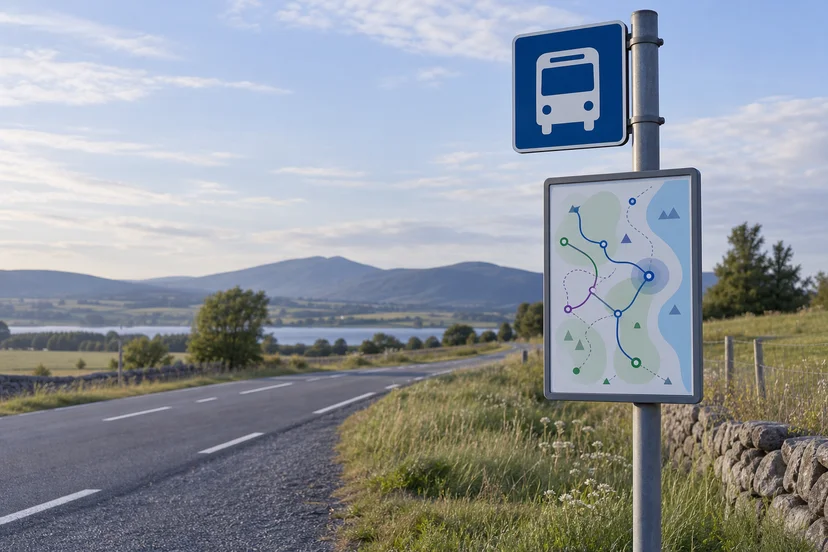 rural bus stop sign with a demand-responsive transit route map attached