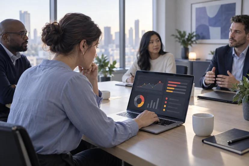 office worker checking a laptop dashboard with delay alerts during a morning meeting