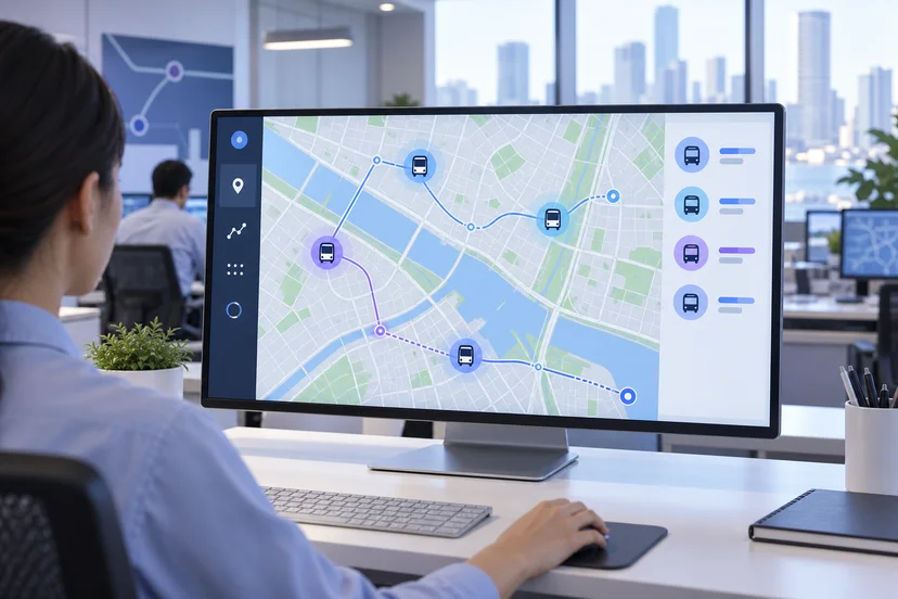 dashboard screen showing real-time commuter shuttle bus locations on a digital map