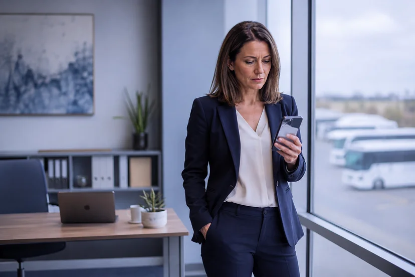 HR manager reading a text message notification about a shuttle bus incident