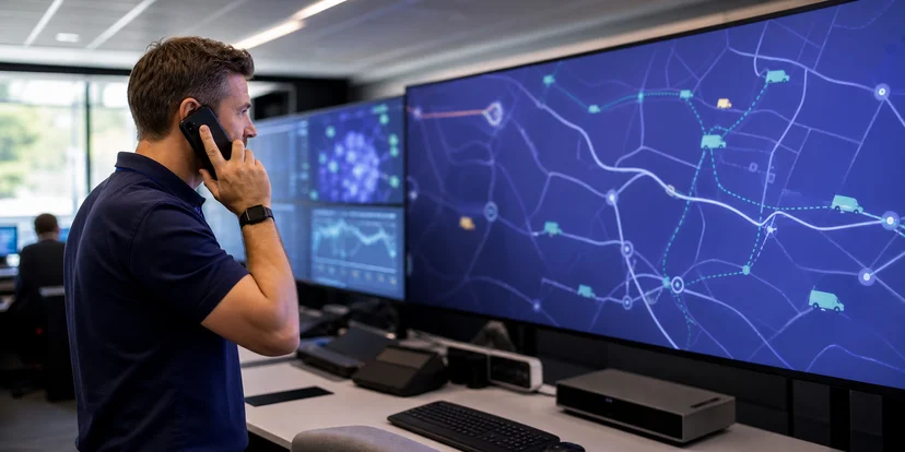 dispatcher in a control room talking on the phone while looking at a fleet tracking screen