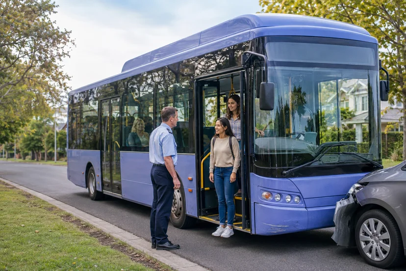 bus driver checking on passengers after a minor collision on a suburban road