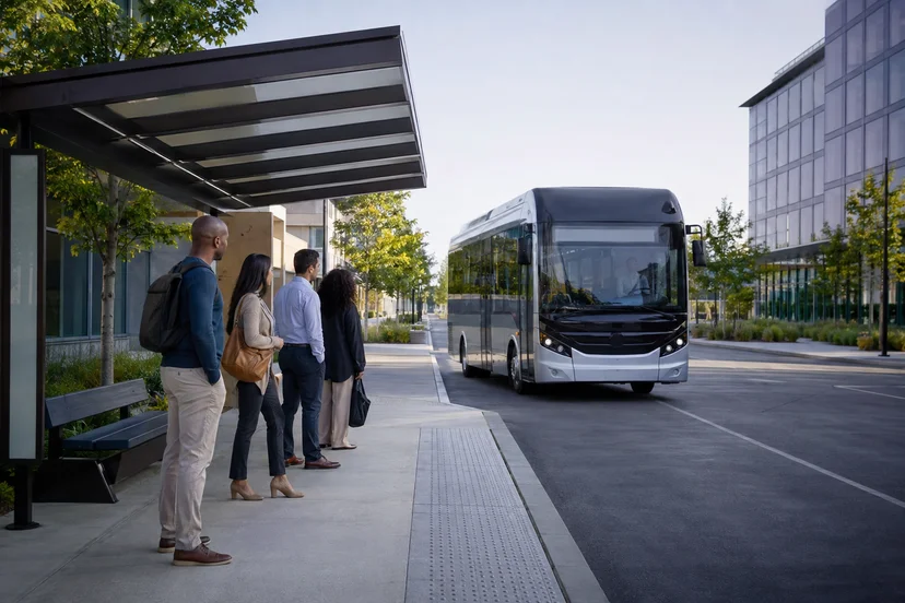 replacement shuttle bus arriving at a stop while passengers wait