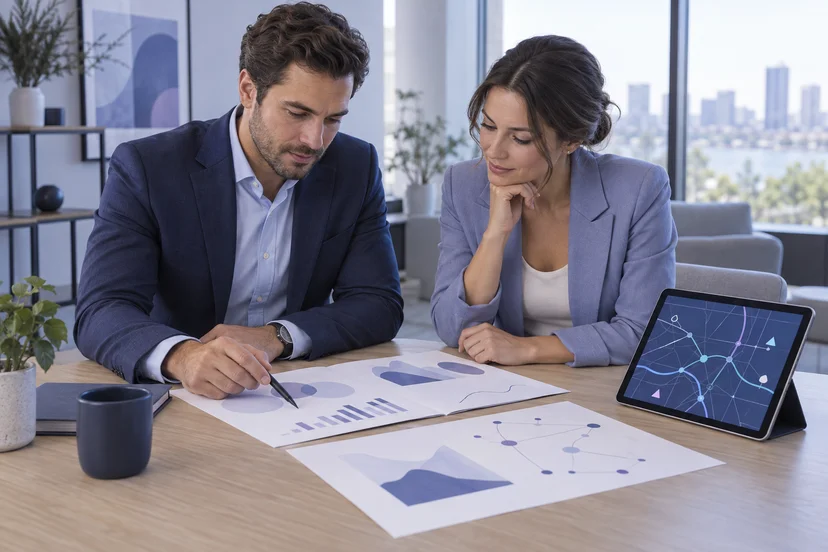 two people reviewing a proposal document at a table with a tablet showing route data
