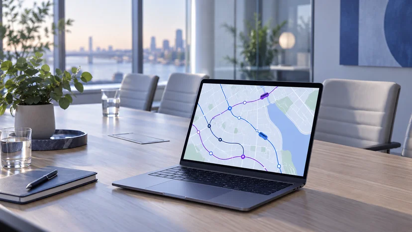 meeting room table with a laptop showing a demand-responsive transit route map