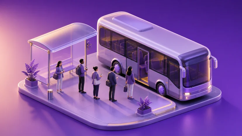 commuter shuttle bus stop with employees waiting in early morning light