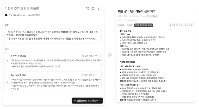 회의록 템플릿에 맞춰 자동 정리된 문서 화면