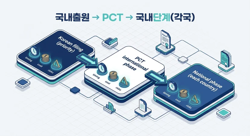 국내출원에서 PCT를 거쳐 각국 국내단계로 이어지는 흐름 인포그래픽