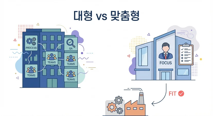 대형 특허법인과 중소기업 맞춤형 서비스의 차이를 보여주는 일러스트