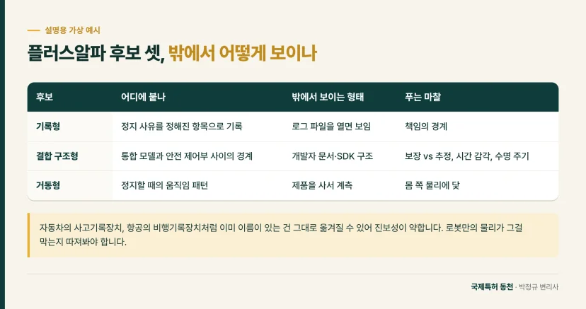 표: 통합형 AI 로봇 예시의 기록형·결합 구조형·거동형 후보와 밖에서 보이는 형태