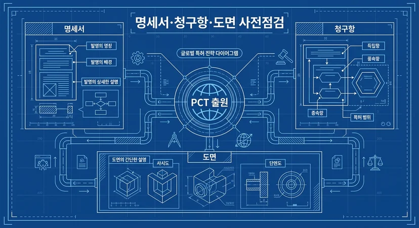 PCT 출원 전 명세서·청구항·도면을 점검하는 블루프린트 도식