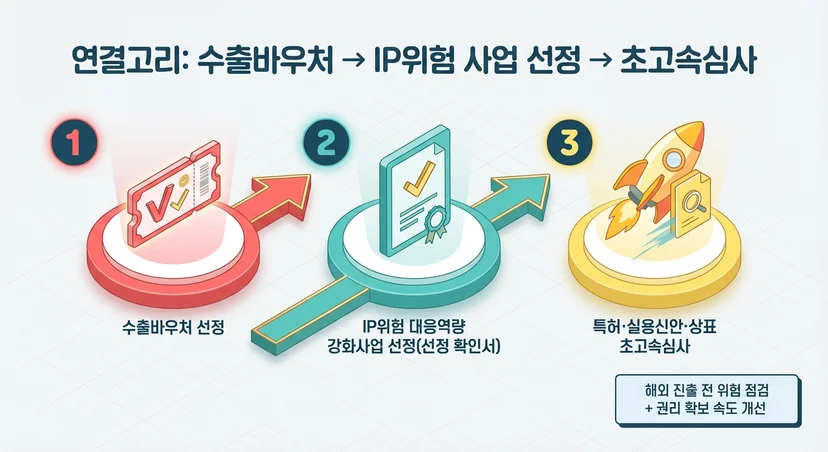 수출바우처 선정 후 IP위험 사업과 초고속심사로 이어지는 3단계 흐름도
