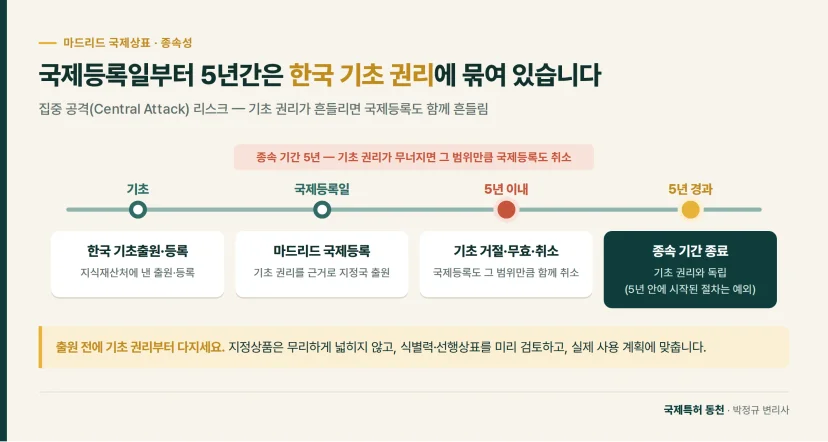 타임라인: 국제등록일부터 5년간은 한국 기초 권리에 묶여 있