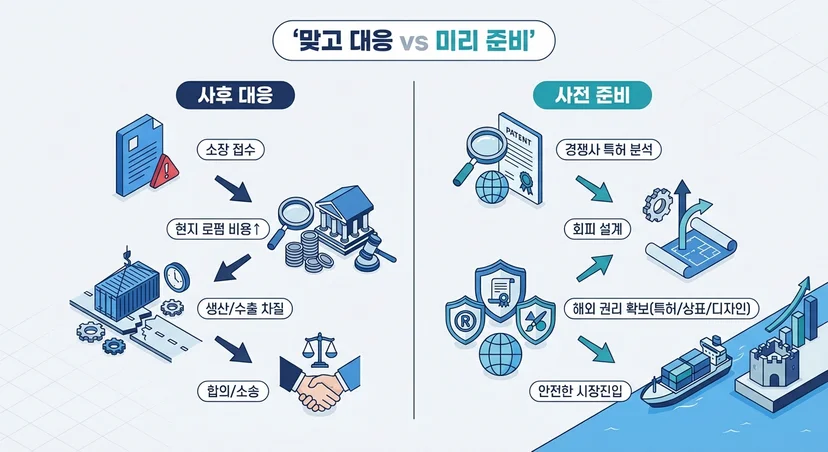해외 분쟁 사후 대응과 사전 준비를 비교한 인포그래픽
