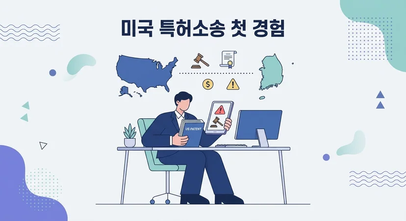 미국 특허소송을 처음 마주한 장면을 상징적으로 그린 일러스트