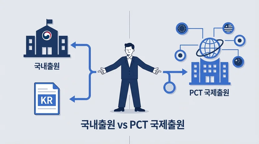 국내출원과 PCT 국제출원의 업무 차이를 보여주는 분할 일러스트