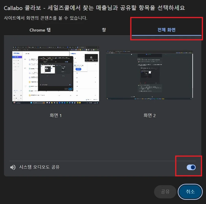 macOS에서 화면 전체 선택 시 Chrome 탭만 가능하다는 안내