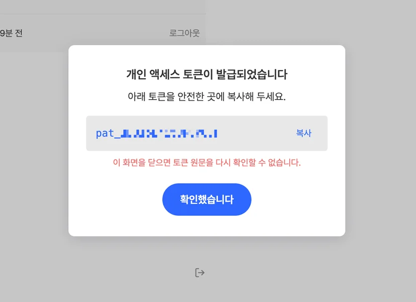 실제 토큰 대신 문서용 자리표시자를 넣은 PAT 원문 1회 표시 화면