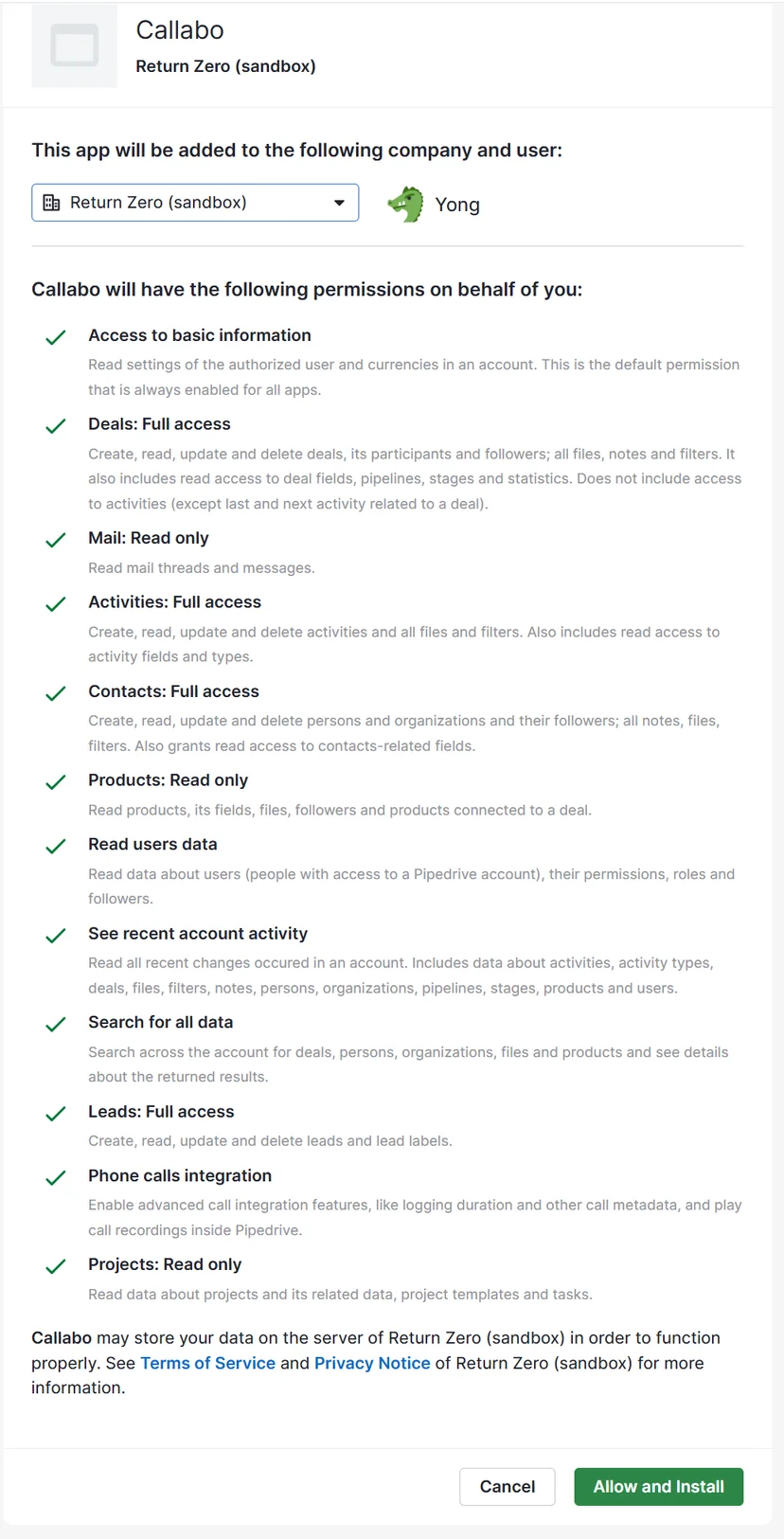 Pipedrive 회사 선택과 Allow and Install