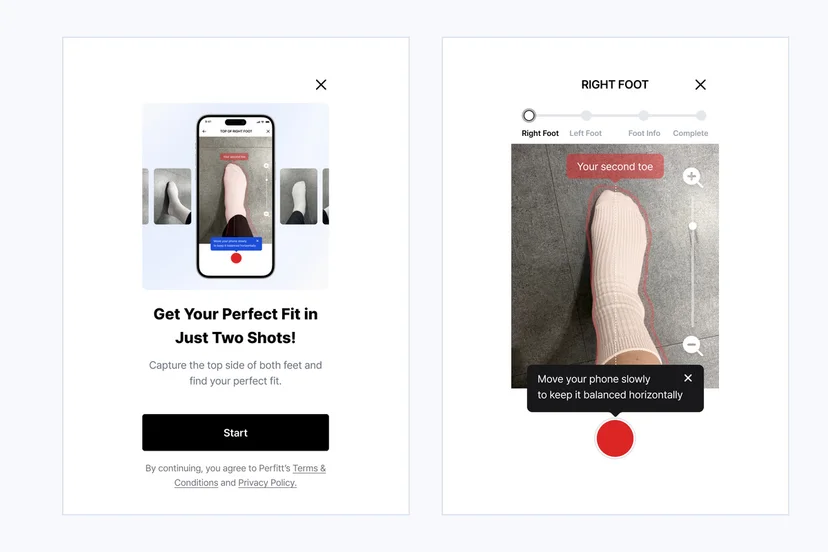 Current public PerfittSize smartphone flow showing the two-photo introduction and guided foot capture