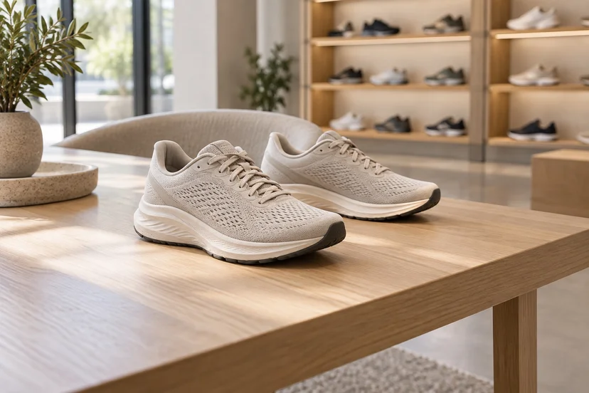 Unbranded running shoes in a showroom, illustrating footwear pilot scope.