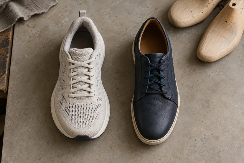 Editorial illustration of a mesh running shoe and a leather walking shoe with different shapes.