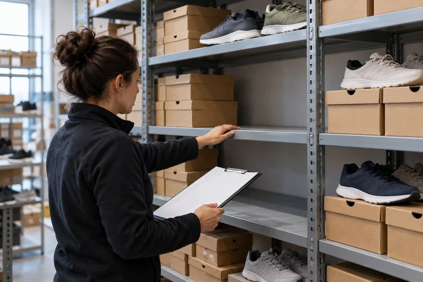 A footwear operations lead checks an empty section of an unbranded stockroom shelf while holding a blank clipboard.