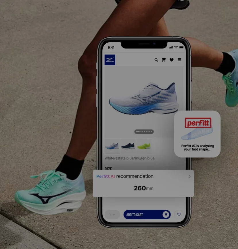 Previously published approved Mizuno EMEA and PerfittSize customer case visual showing model-specific size guidance
