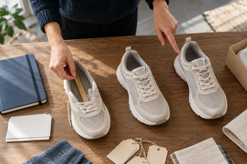 A merchandiser compares three unbranded shoe sizes and measures one shoe on a worktable.