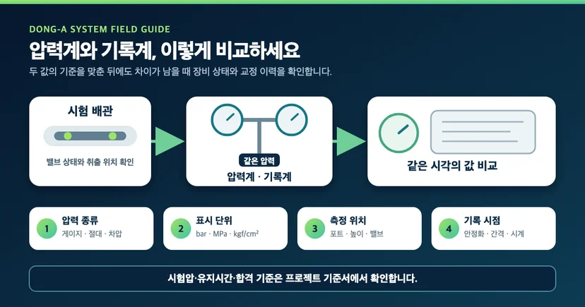 배관 압력시험에서 압력계와 기록계 값을 같은 압력 종류·단위·위치·시점으로 비교하는 순서