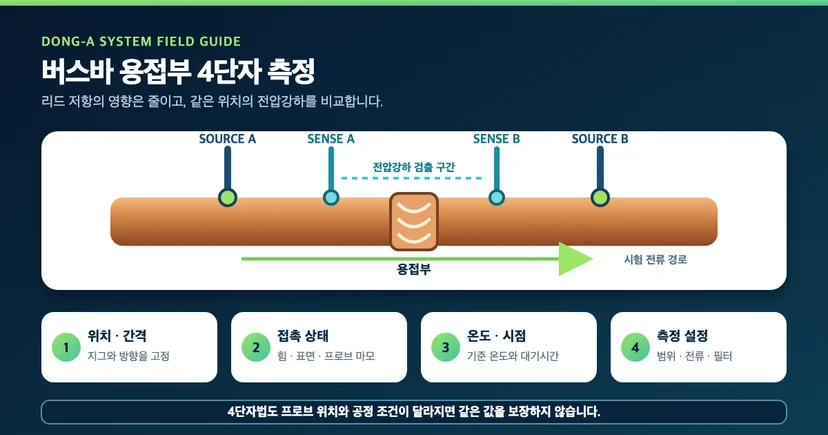 저저항계 교정 전 버스바 용접부의 SOURCE·SENSE 프로브 위치와 함께 고정할 측정 조건