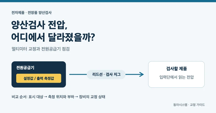멀티미터 교정 전 전원공급기 표시값과 제품 입력단의 측정 위치를 확인하는 개념도