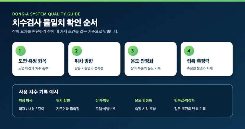 캘리퍼 교정 전 도면·측정 위치·온도·접촉 조건과 사용 치수 기록 항목을 정리한 치수검사 불일치 확인표
